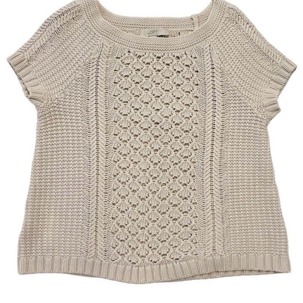 LOFT by Ann Taylor Taupe Open Knit Short Sleeve Sweater M Boho Casual Fisherman